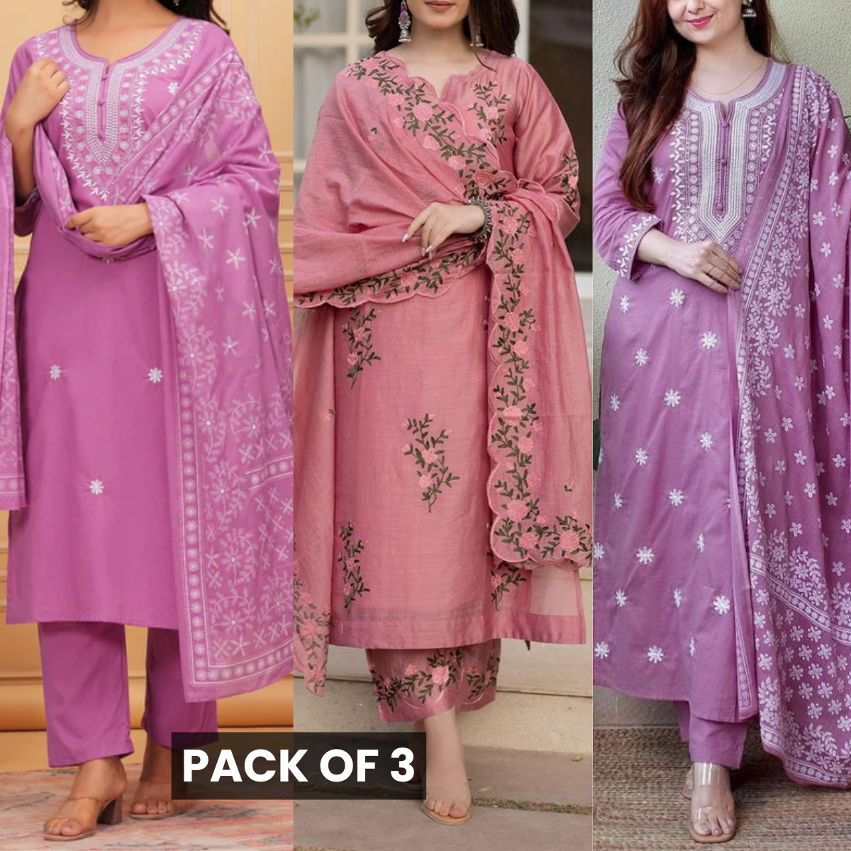 Elegant 3-Piece Women Kurti Set with Dupatta Combo Pack – Stylish, Comfortable & Versatile Ethnic Wear | KS-01