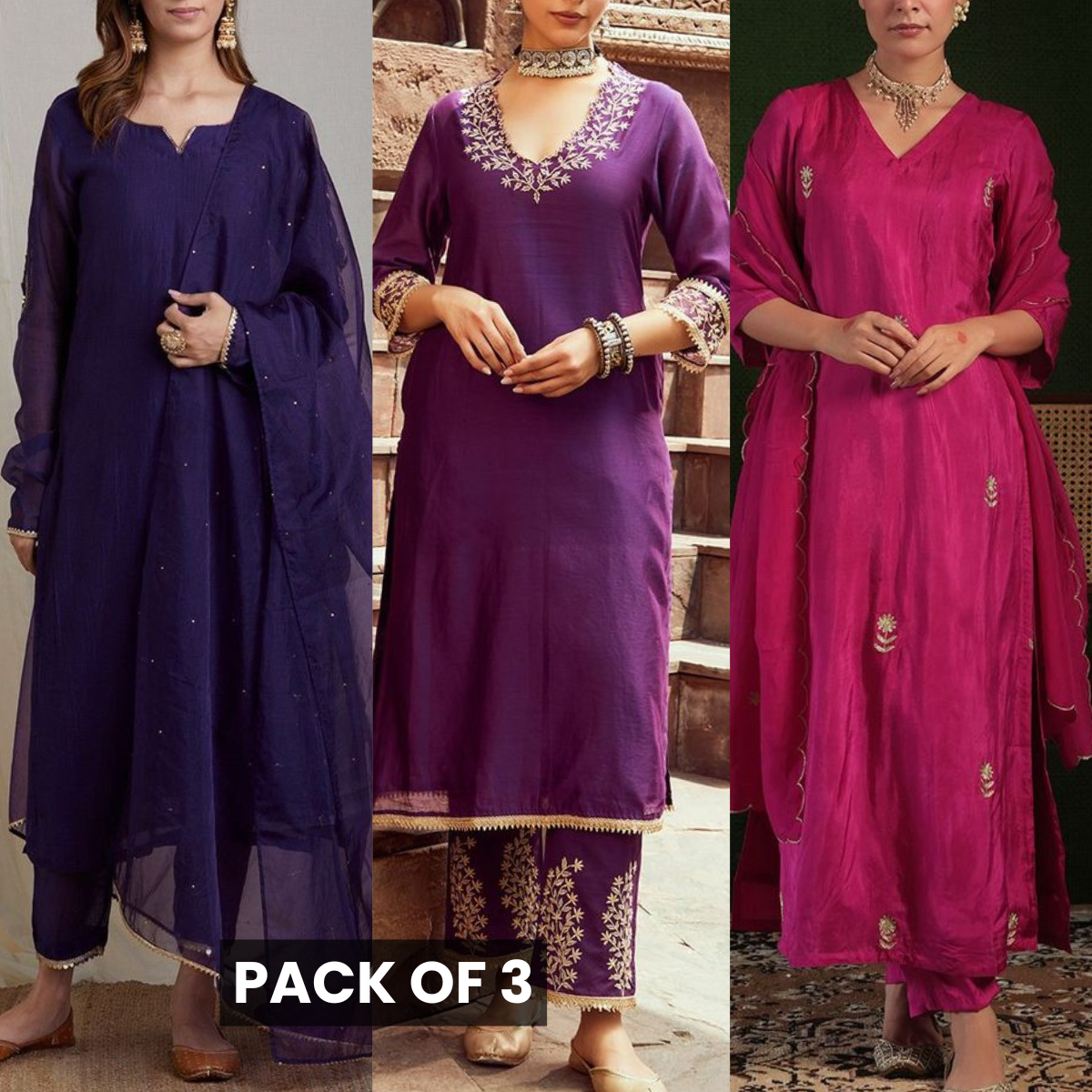 Elegant 3-Piece Women Kurti Set with Dupatta Combo Pack – Stylish, Comfortable & Versatile Ethnic Wear | KS-02