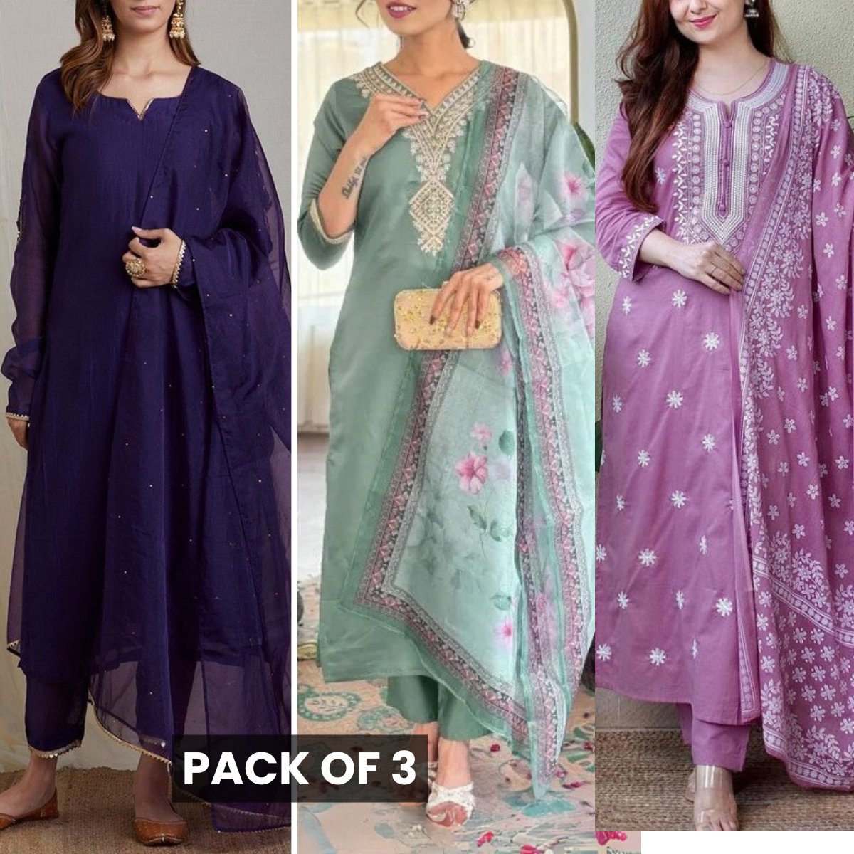Elegant 3-Piece Women Kurti Set with Dupatta Combo Pack – Stylish, Comfortable & Versatile Ethnic Wear | KS-04