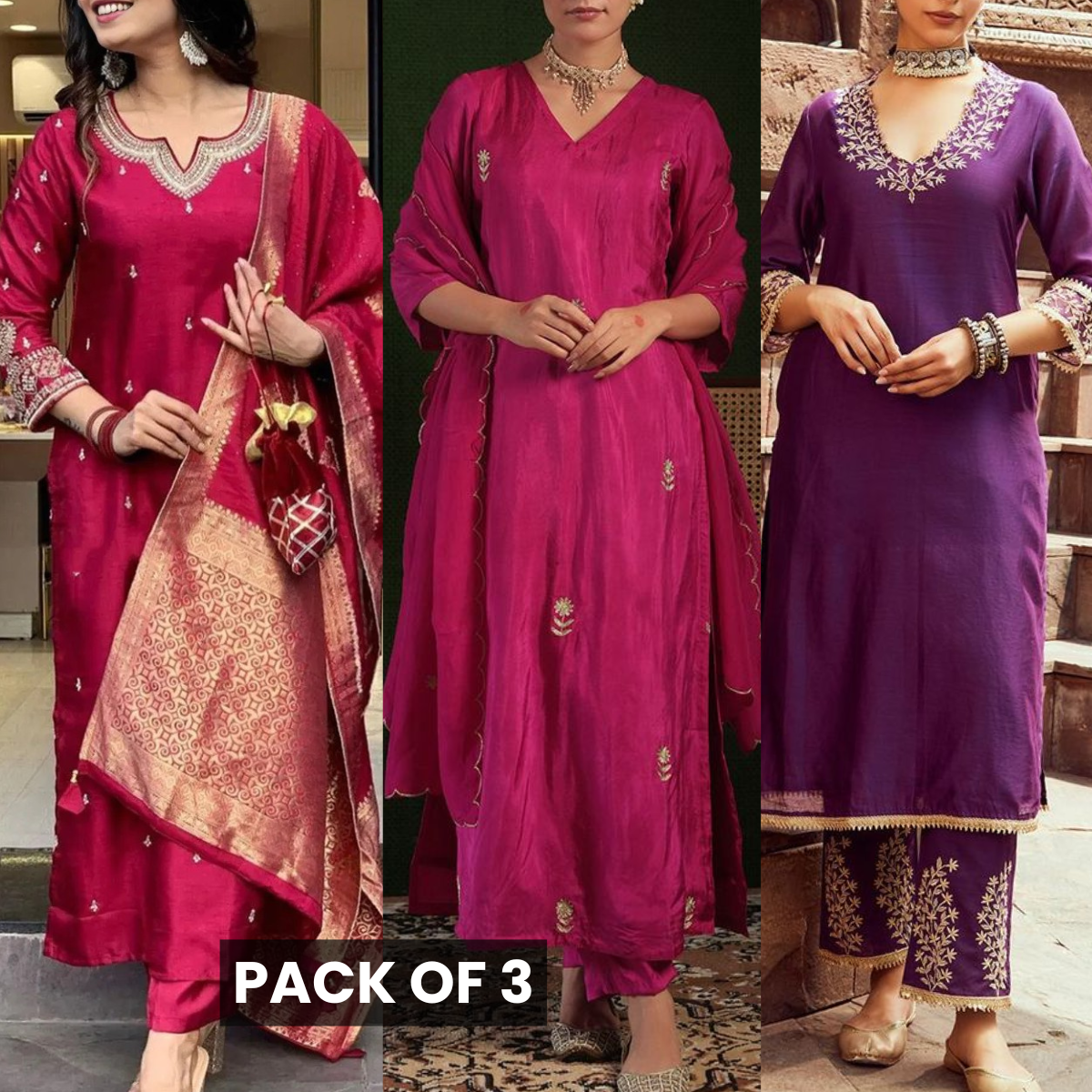 Elegant 3-Piece Women Kurti Set with Dupatta Combo Pack – Stylish, Comfortable & Versatile Ethnic Wear | KS-05