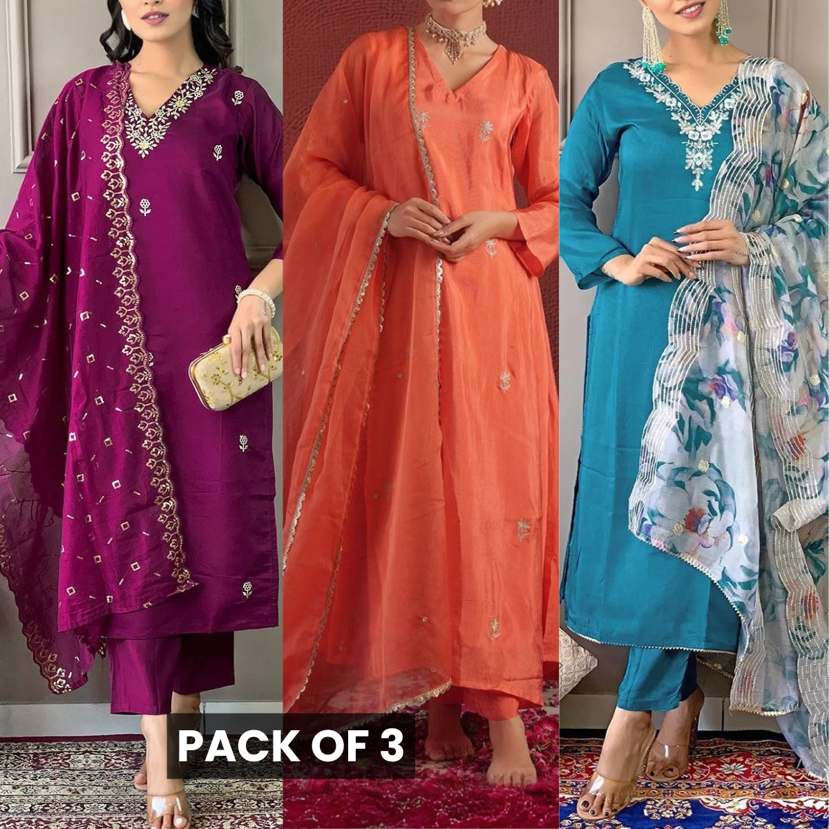 Elegant 3-Piece Women Kurti Set with Dupatta Combo Pack – Stylish, Comfortable & Versatile Ethnic Wear | KS-06