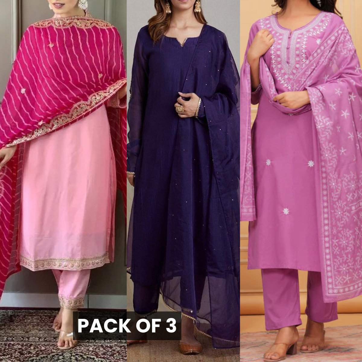 Elegant 3-Piece Women Kurti Set with Dupatta Combo Pack – Stylish, Comfortable & Versatile Ethnic Wear | KS-07
